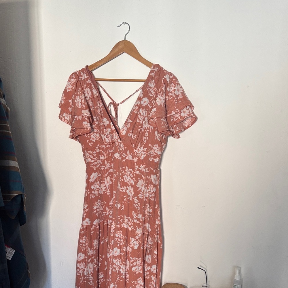 Backless Rust Floral Maxi Dress with Tie-Back